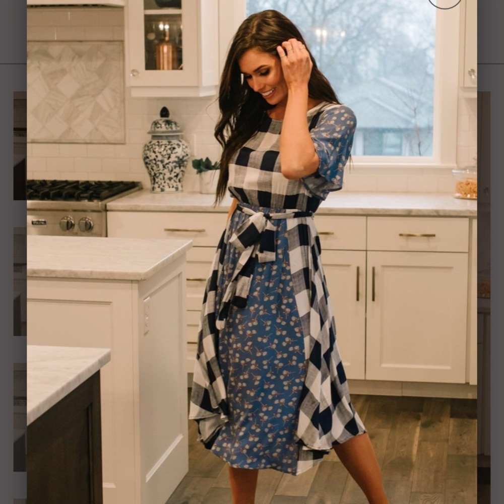 MARSHA MIDI BUFFALO PLAID AND MIXED PRINT DRESS